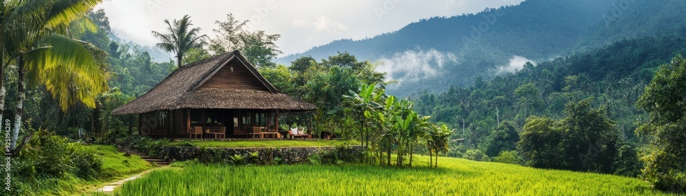 Scenic view of a traditional wooden house surrounded by lush green forest and mountains under a cloudy sky, perfect for nature lovers. Scenic view of a traditional wooden house surrounded by lush green forest and mountains under a cloudy sky, perfect for nature lovers.