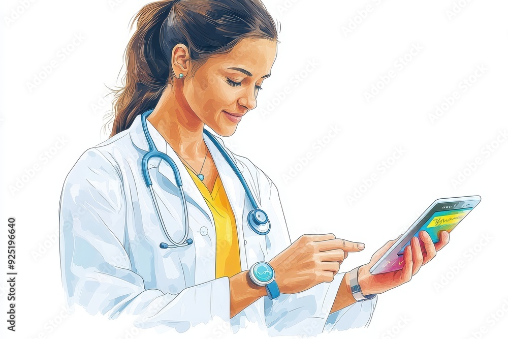 Digital Health Monitoring Technology - Doctor Analyzing Data on Colorful Wearable Device Vector Illustration Digital Health Monitoring Technology - Doctor Analyzing Data on Colorful Wearable Device Vector Illustration