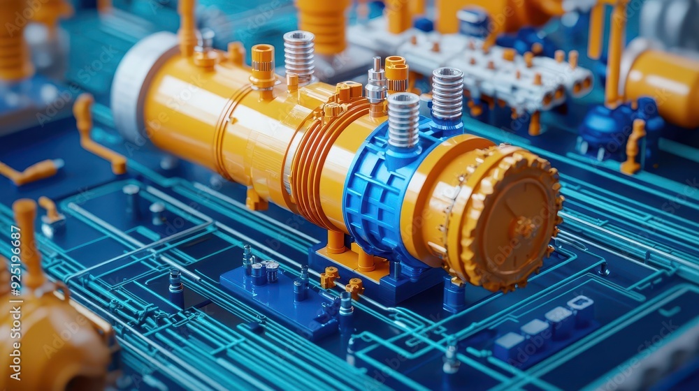 Obraz premium Industrial machine with mechanical flow diagram, engineering analysis, 3D illustration
