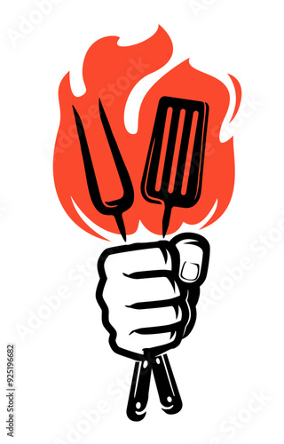 Bbq fork and spatula in hand. Barbecue grill logo and emblem. Symbol vector illustration for restaurant menu