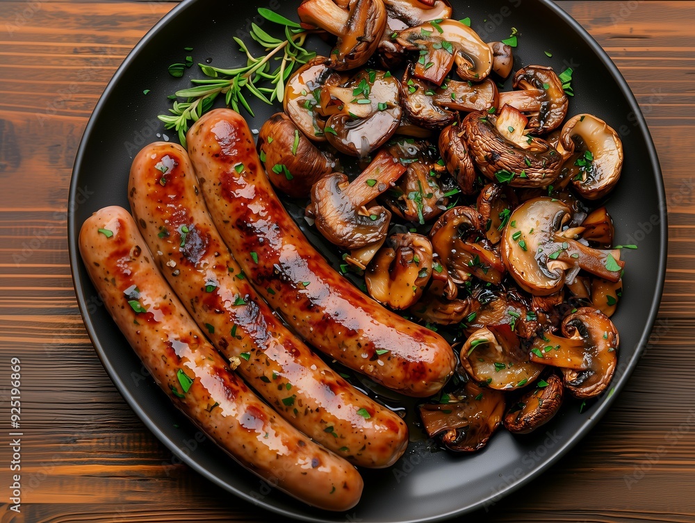 Grilled Sausages with Sautéed Paris Mushrooms on a Black Plate, Great for French Cuisine Blogs and Rustic Food Photography Grilled Sausages with Sautéed Paris Mushrooms on a Black Plate, Great for French Cuisine Blogs and Rustic Food Photography