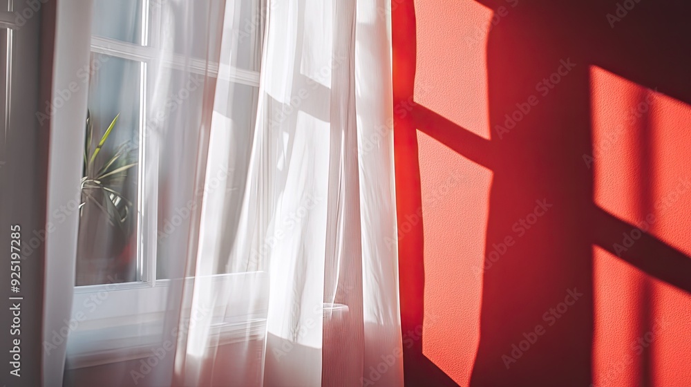 A close-up of a window with sheer white curtains, installed on a deep red wall, creating a warm and inviting look A close-up of a window with sheer white curtains, installed on a deep red wall, creating a warm and inviting look