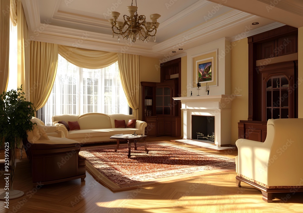 Luxury Living Room with Fireplace and Large Windows Luxury Living Room with Fireplace and Large Windows