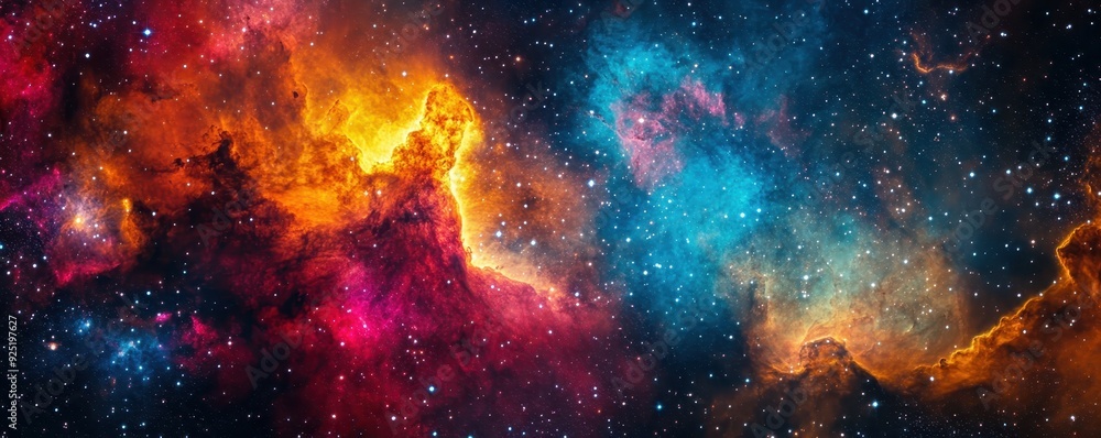Fototapeta premium Stunning image of a colorful nebula with vibrant hues of red, orange, and blue, showcasing the beauty and mystery of outer space.