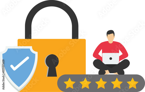 Businessman holds laptop. Premium internet security technology. Reset your password, landing page. Account data protection, information storage. Big padlock, shield and five stars protection.


