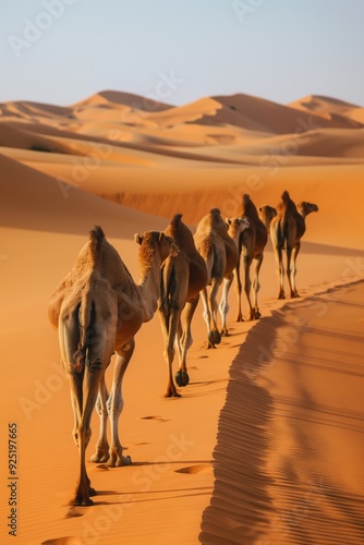 Fototapeta Naklejka Na Ścianę i Meble -  A group of camels walking across a desert. The camels are walking in a line, with one of them leading the way. The desert is filled with sand and the sky is clear