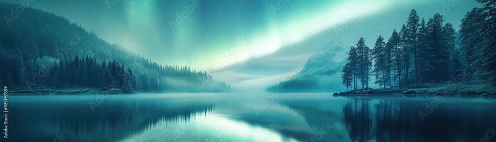 Fototapeta premium Stunning Northern Lights over a tranquil lake, surrounded by mountains and forest, creating a mesmerizing and serene night landscape.