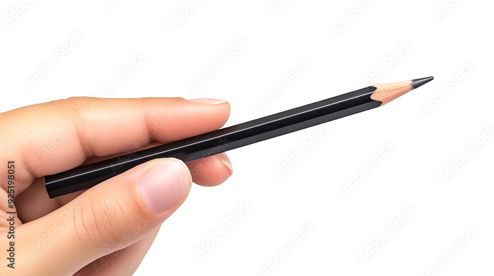 A hand holding a black pencil with the tip pointing up. A hand holding a black pencil with the tip pointing up.