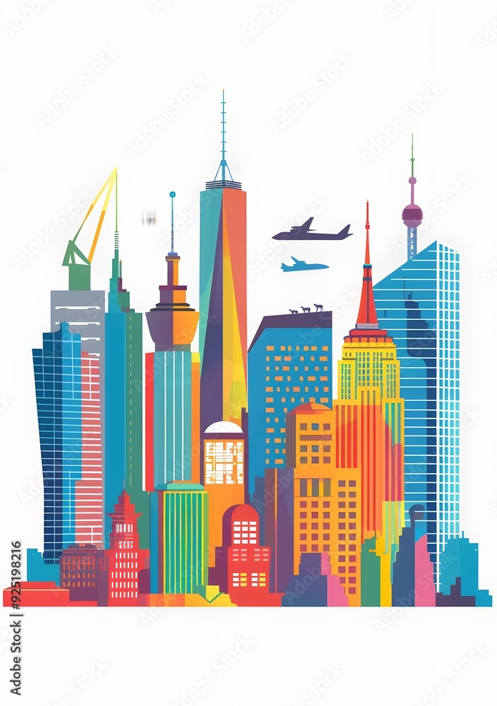 Fototapeta premium Colorful Illustration of Cityscape with Skyscrapers and Planes