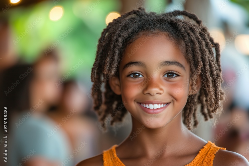 Happy child with curly hair smiling at a lively outdoor gathering during the daytime Happy child with curly hair smiling at a lively outdoor gathering during the daytime
