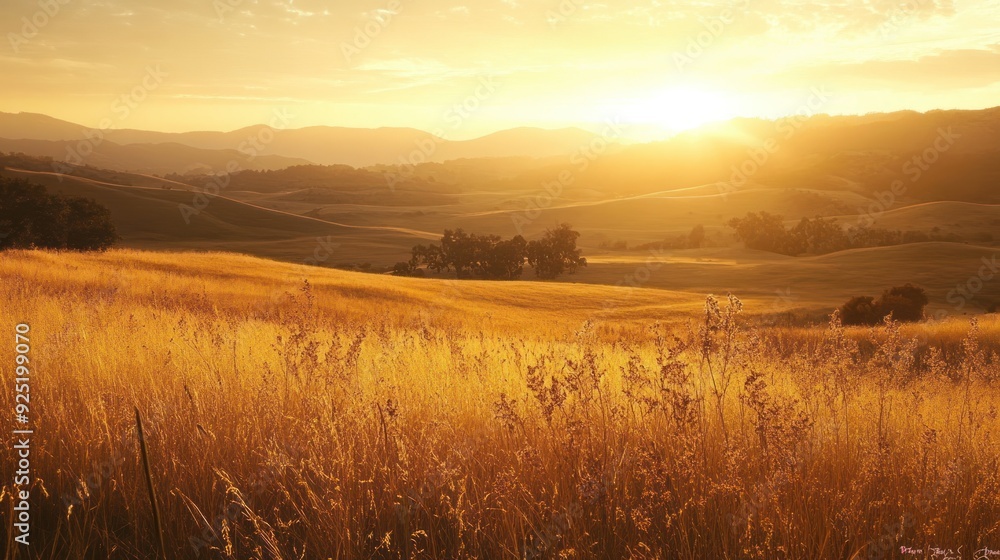 Sunset over hilly landscape, golden light of sunset, meadow in foreground Sunset over hilly landscape, golden light of sunset, meadow in foreground