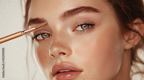 Close-up of a woman's eye with a makeup brush.