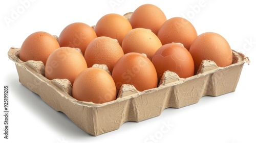 chicken eggs, ten, in paper box, isolated on white background, clipping path, full depth of field 