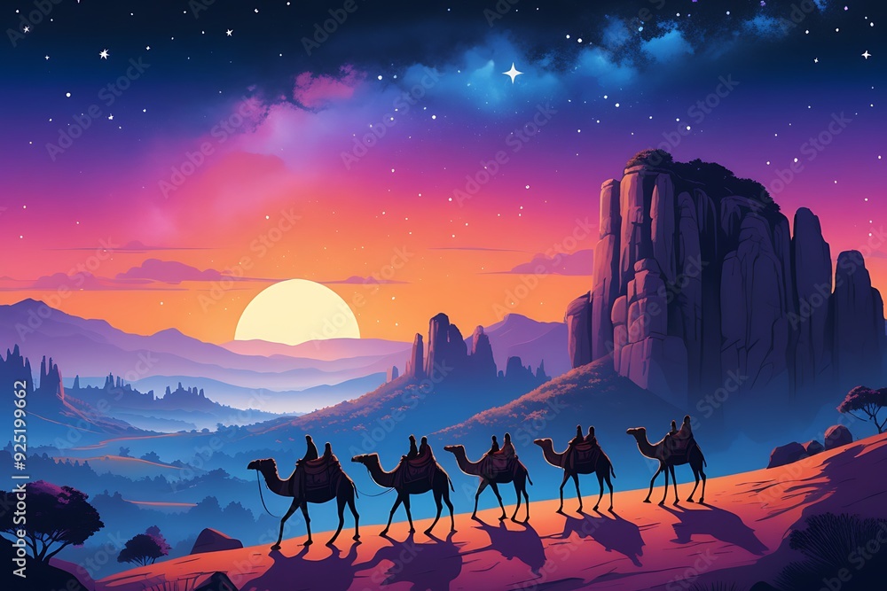 Naklejka premium Mesmerizing Night-Time Landscape with Silhouetted Camels and Riders Against a Brilliant Starry Sky in Enchanting Digital Illustration