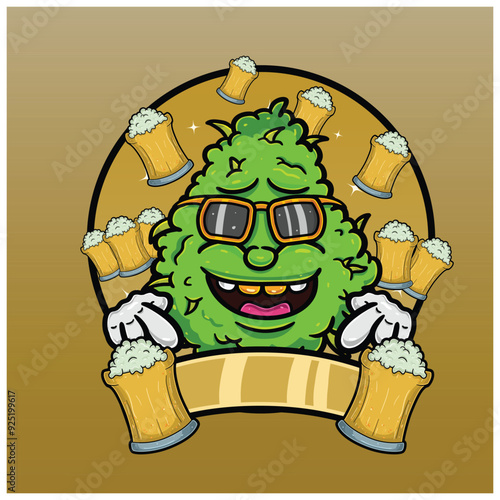 Weed Bud Cartoon With Root Beer Flavor. Weed Design For Logo, Label and Packaging Product.