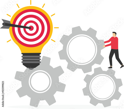 Project initiation or project execution, research or implement business idea to see result, effort to develop idea and business goal concept, businessman turn cog wheels to light up lightbulb idea.

