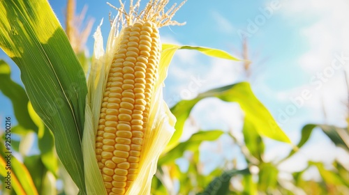 A corn stalk with a fully grown cob at the top, highlighted against a blue sky, capturing the essence of summer harvest photo