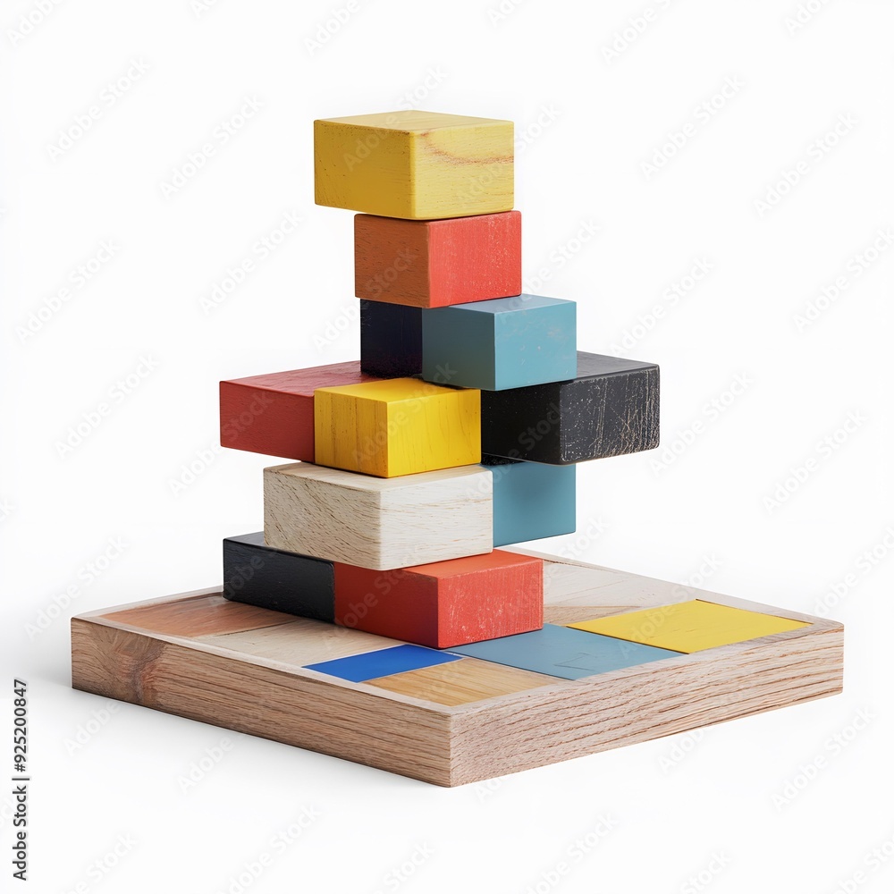 Obraz premium Colorful Wooden Blocks Stacked On Wooden Board