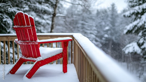 A cozy red chair on a wooden railing, contrasting sharply with the white snow, in a quiet winter setting