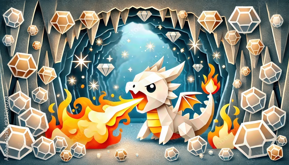 Naklejka premium Dragon breathing fire surrounded by gems in a cave