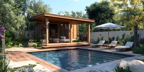 Modern Wooden Cabana with a Pool and Lounge Chairs