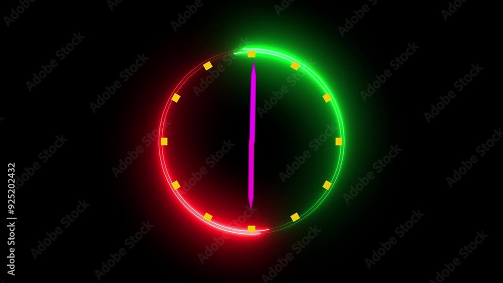 abstract beautiful glowing neon line clock icon color red green on a dark background. 3d video. abstract beautiful glowing neon line clock icon color red green on a dark background. 3d video.