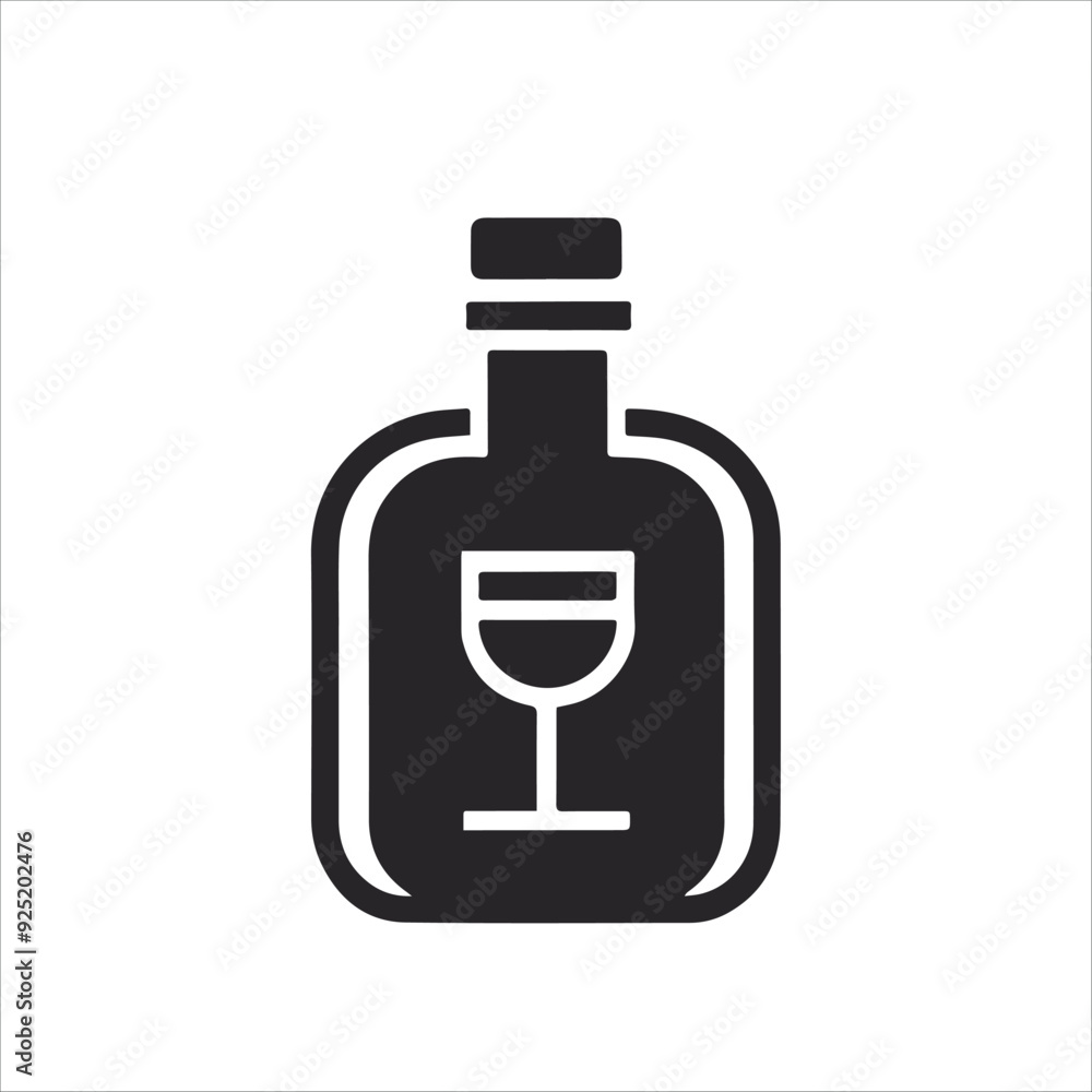 A sleek and modern black and white vector icon representing an alcohol bottle. The design is in a glyph style, with a bold, stylized bottle shape and a simple glass symbol A sleek and modern black and white vector icon representing an alcohol bottle. The design is in a glyph style, with a bold, stylized bottle shape and a simple glass symbol