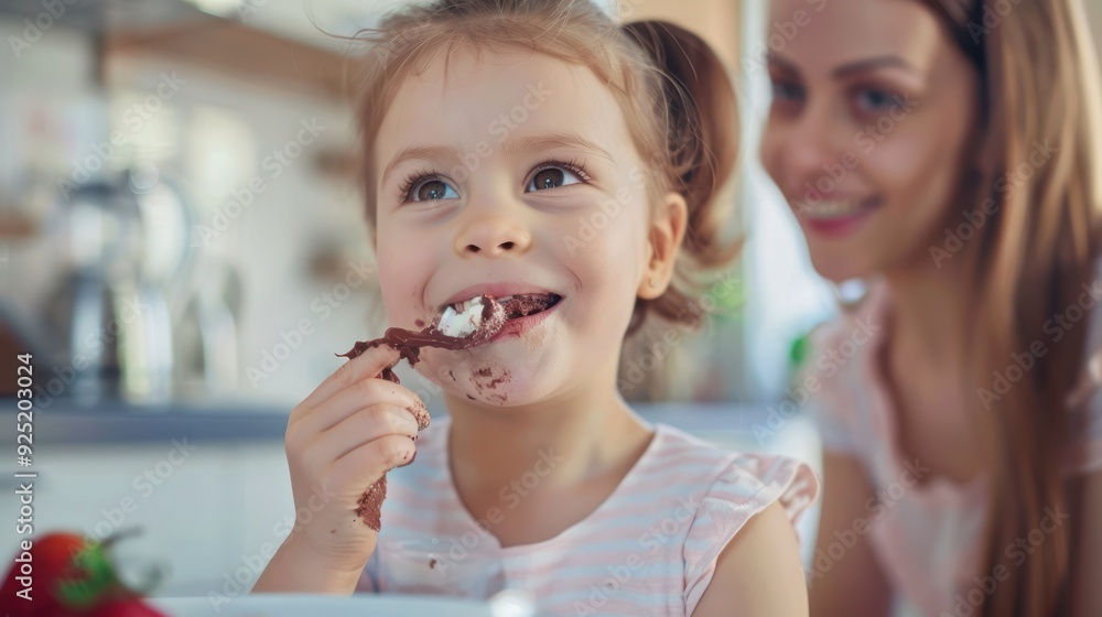 Little girl enjoying in eats chocolate mousse while being with her mother at home. Little girl enjoying in eats chocolate mousse while being with her mother at home. Little girl enjoying in eats chocolate mousse while being with her mother at home. Little girl enjoying in eats chocolate mousse while being with her mother at home.