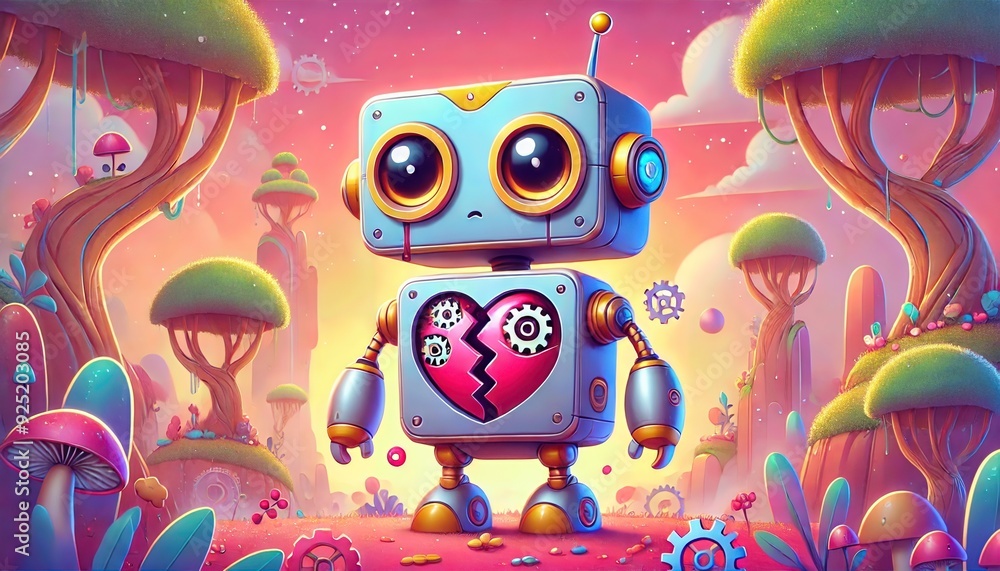 Obraz premium Sad robot with broken heart in fantasy landscape