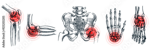 Joint arthritis, osteoporosis, bone disease and inflammation. Abstract pain localization symbol. Vector sketch illustration. Hand drawn doodle anatomy symbols set isolated on white background