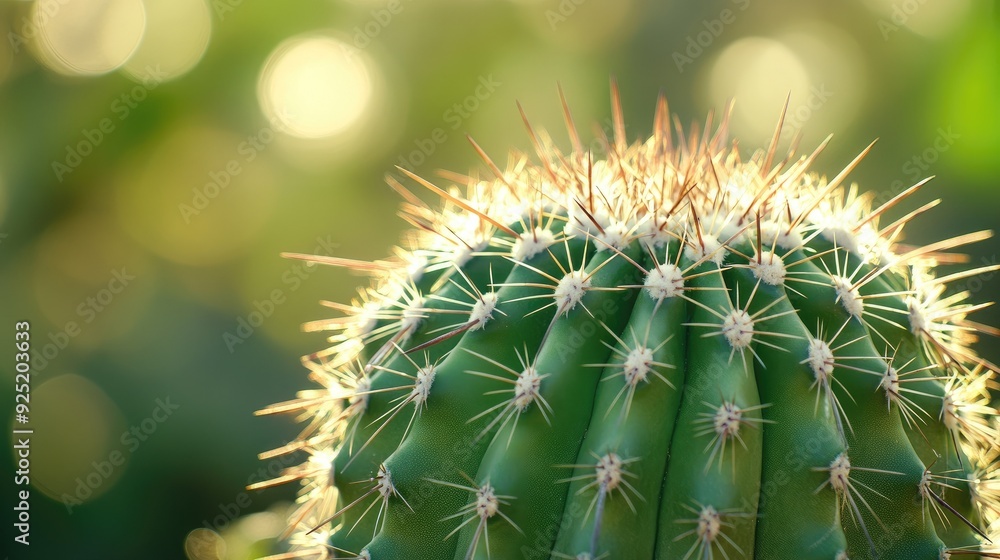 A detailed macro shot of a green cactus, showing its spines and white spots, against a soft, blurred background A detailed macro shot of a green cactus, showing its spines and white spots, against a soft, blurred background