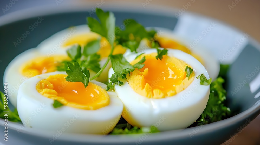 Delicious soft-boiled eggs garnished with fresh herbs, perfect for a nutritious breakfast or elegant brunch presentation. Delicious soft-boiled eggs garnished with fresh herbs, perfect for a nutritious breakfast or elegant brunch presentation.
