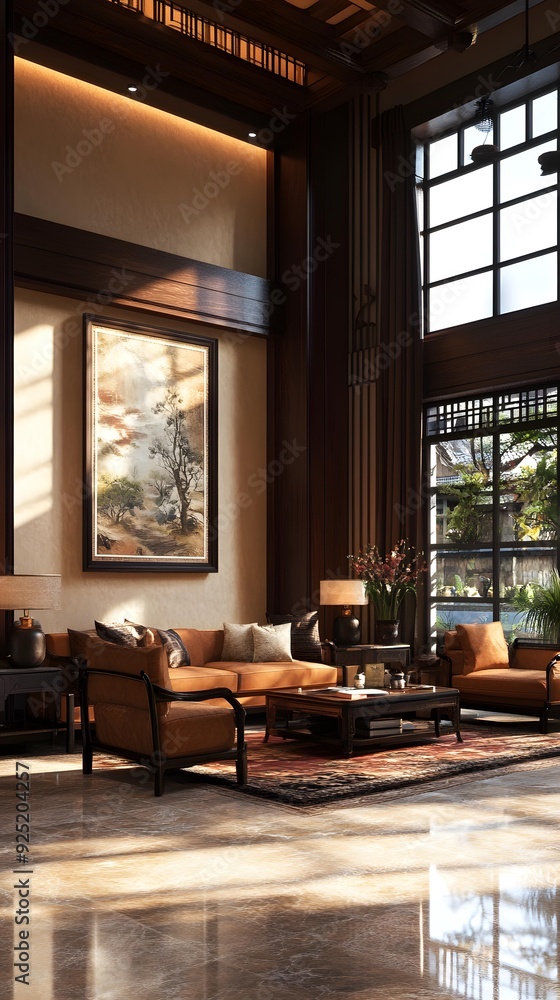 Modern Asian Living Room Interior Design With Wooden Ceiling and Large Windows Modern Asian Living Room Interior Design With Wooden Ceiling and Large Windows