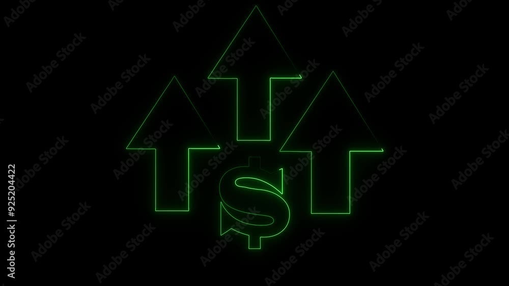 Glowing neon line of dollar sign icon and up arrow isolated green color on transparent background. 