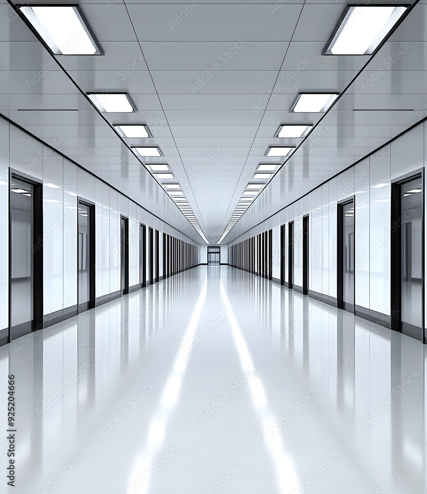 Modern White Hallway with Doors and Lights Modern White Hallway with Doors and Lights