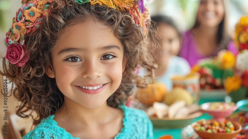 Hispanic family celebrating a traditional holiday, gathered around a festive table with cultural foods, vibrant decorations, and joyful expressions, with space for text Hispanic family celebrating a traditional holiday, gathered around a festive table with cultural foods, vibrant decorations, and joyful expressions, with space for text
