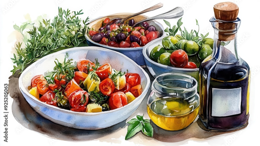 Mediterranean feast, vibrant array of dishes with fresh herbs and olive oil, rustic elegance, Watercolor style