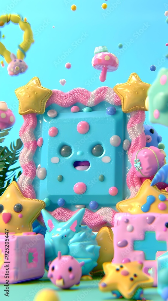 Obraz premium Cute Cartoon Characters and 3D Objects on Blue Background