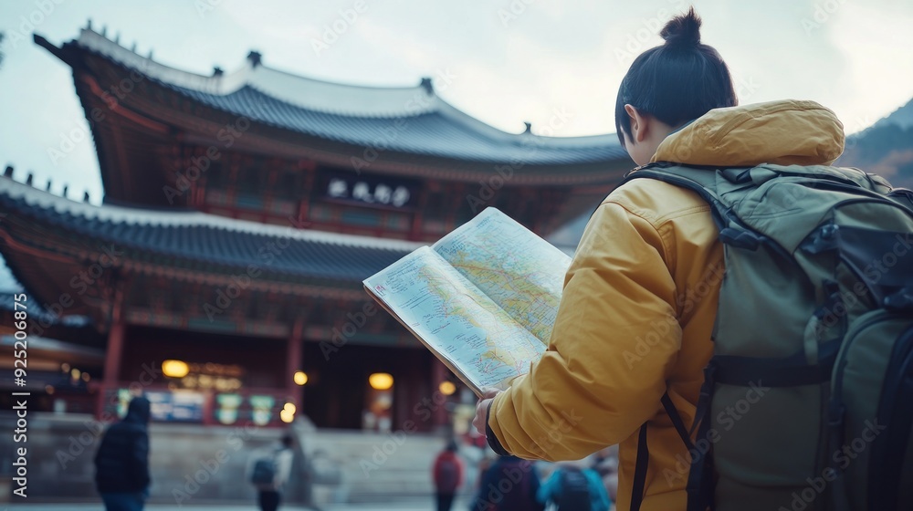 Tourist with a map in front of a traditional Asian temple. Tourist with a map in front of a traditional Asian temple.