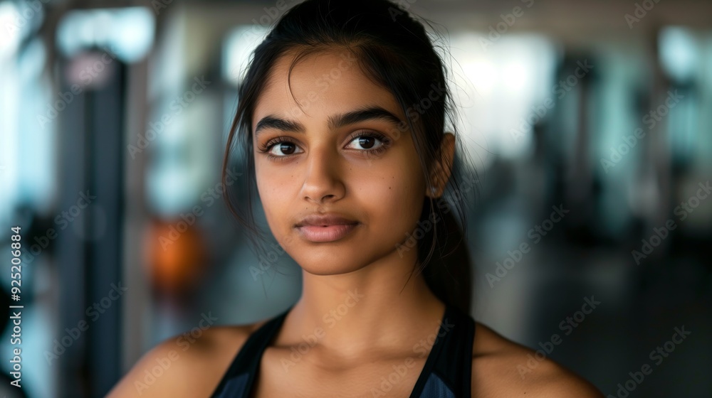 A young woman with a determined look stands in a gym, wearing athletic attire, showcasing focus, strength, and dedication to her fitness regimen. A young woman with a determined look stands in a gym, wearing athletic attire, showcasing focus, strength, and dedication to her fitness regimen.