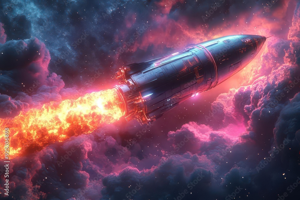 futuristic spacecraft launch sleek design with plasma engines igniting leaving trail of iridescent energy against starry cosmic backdrop futuristic spacecraft launch sleek design with plasma engines igniting leaving trail of iridescent energy against starry cosmic backdrop