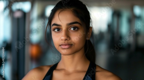 A young woman with a determined look stands in a gym, wearing athletic attire, showcasing focus, strength, and dedication to her fitness regimen. Free Download A young woman with a determined look stands in a gym, wearing athletic attire, showcasing focus, strength, and dedication to her fitness regimen. - GFXLoad
