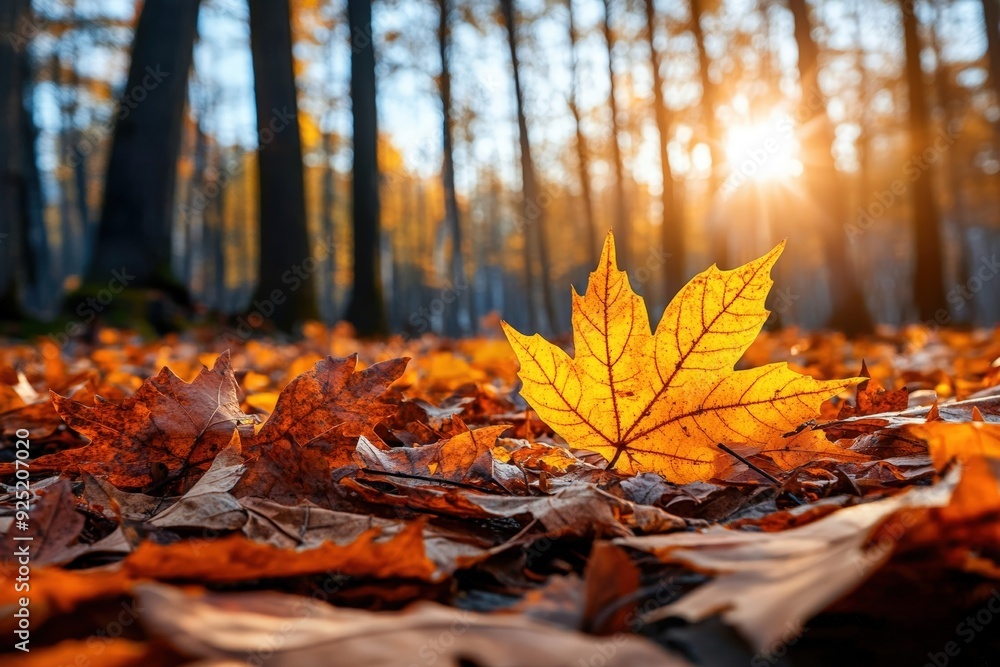 A vibrant autumn scene featuring a golden leaf among an array of fallen leaves illuminated by warm sunlight in a serene forest. A vibrant autumn scene featuring a golden leaf among an array of fallen leaves illuminated by warm sunlight in a serene forest.