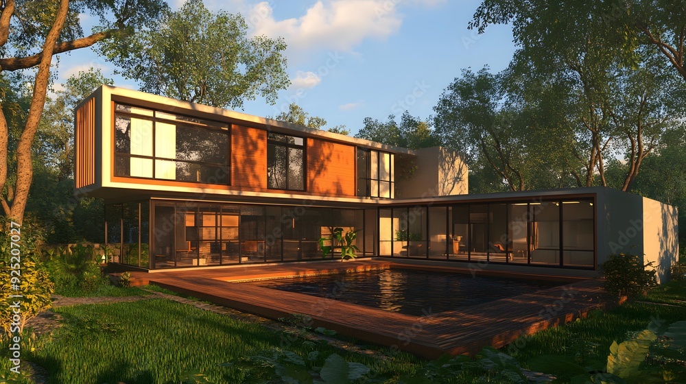 Modern Minimalist House with Pool and Lush Green Landscape Modern Minimalist House with Pool and Lush Green Landscape