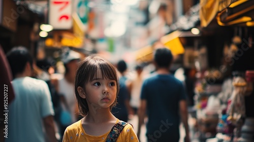 Young Girl in Yellow Shirt Looking Away in Busy Street