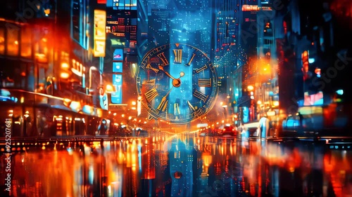 Wallpaper Mural A glowing red clock in front of a rainy, busy cityscape at night Torontodigital.ca