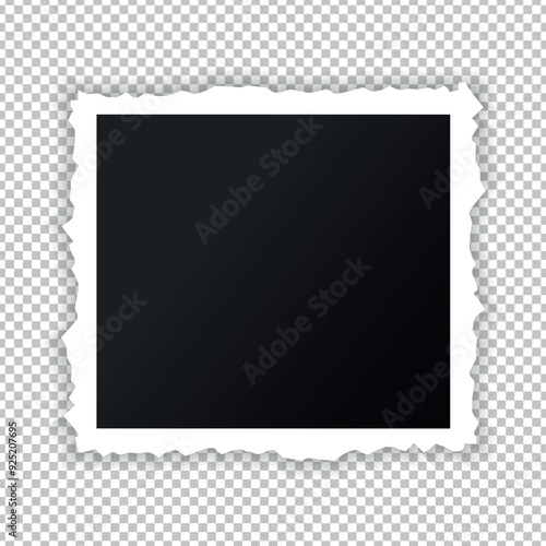 Blank retro photo frame with torn edge isolated on transparent background. Retro photo card template. Vector illustration
