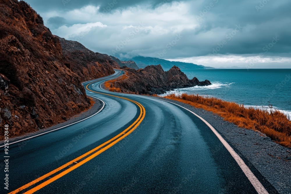 Scenic coastal road winding through rocky landscapes under dramatic skies, perfect for travel and nature photography. Scenic coastal road winding through rocky landscapes under dramatic skies, perfect for travel and nature photography.