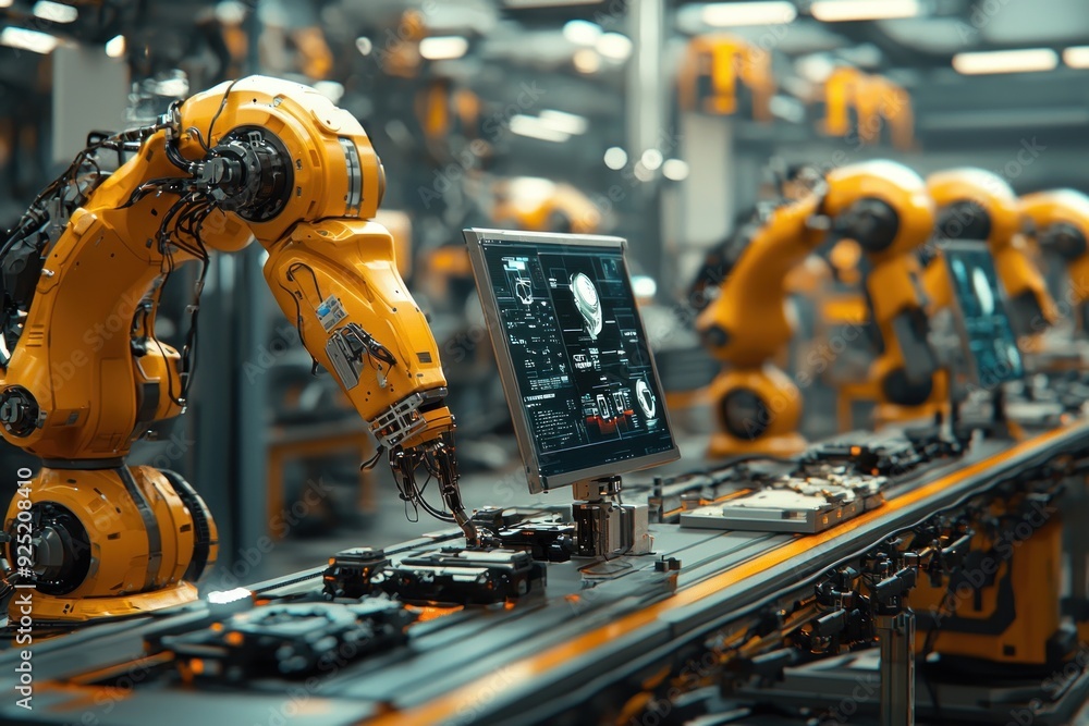 In a futuristic factory, humans and AI collaborate to manufacture next-generation technology. Robotic arms work in sync with human engineers, constructing complex machines while holographic In a futuristic factory, humans and AI collaborate to manufacture next-generation technology. Robotic arms work in sync with human engineers, constructing complex machines while holographic