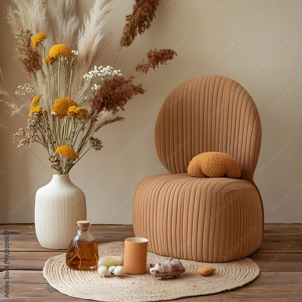 Modern Interior Design With Brown Chair And Dried Flowers Modern Interior Design With Brown Chair And Dried Flowers